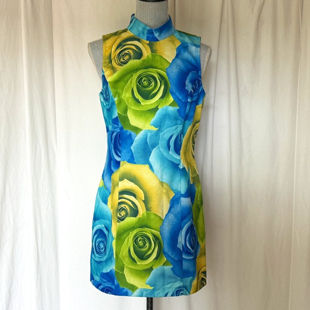 Vintage XOXO Graphic rose print  halter sleeveless Blue & green floral mini dres